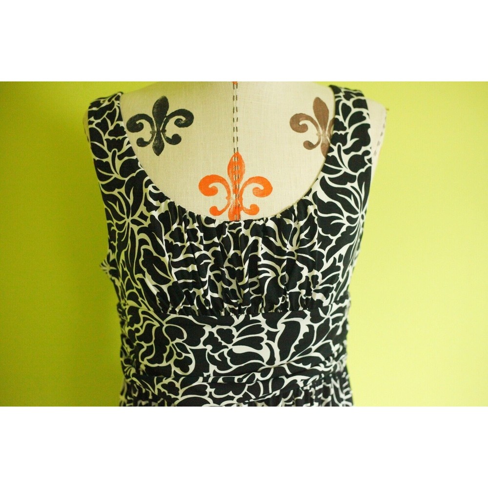 LOFT Sz M Womens Dress Black White Floral Sleeveless Round Neck Gathered Waist - Picture 3 of 12